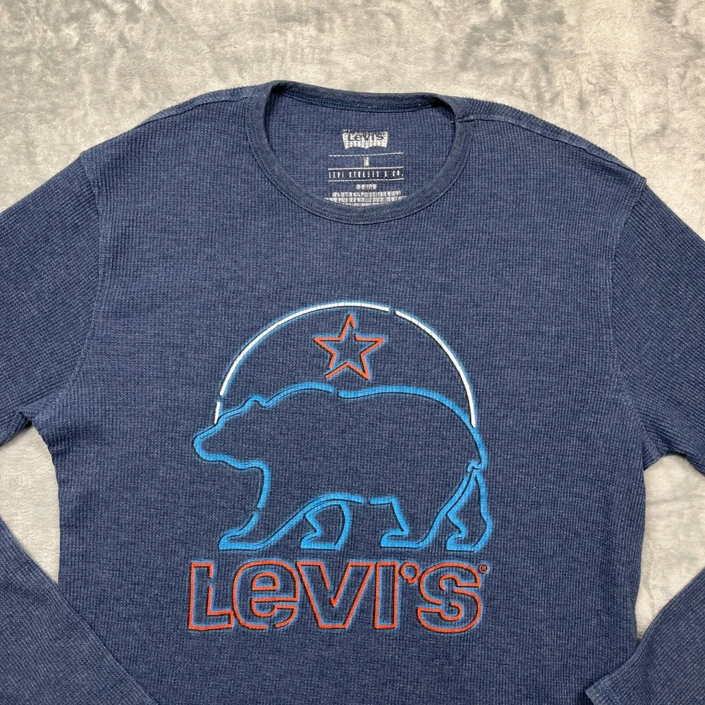 Levis Thermal Shirt Mens Medium Blue California Bear Waffle Knit Long‎ Sleeve